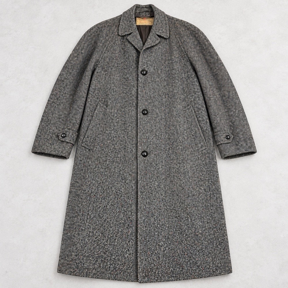 Vintage Harris Tweed Overcoat Mens 44R Gray Herringbone Wool Car Coat Mac Liner